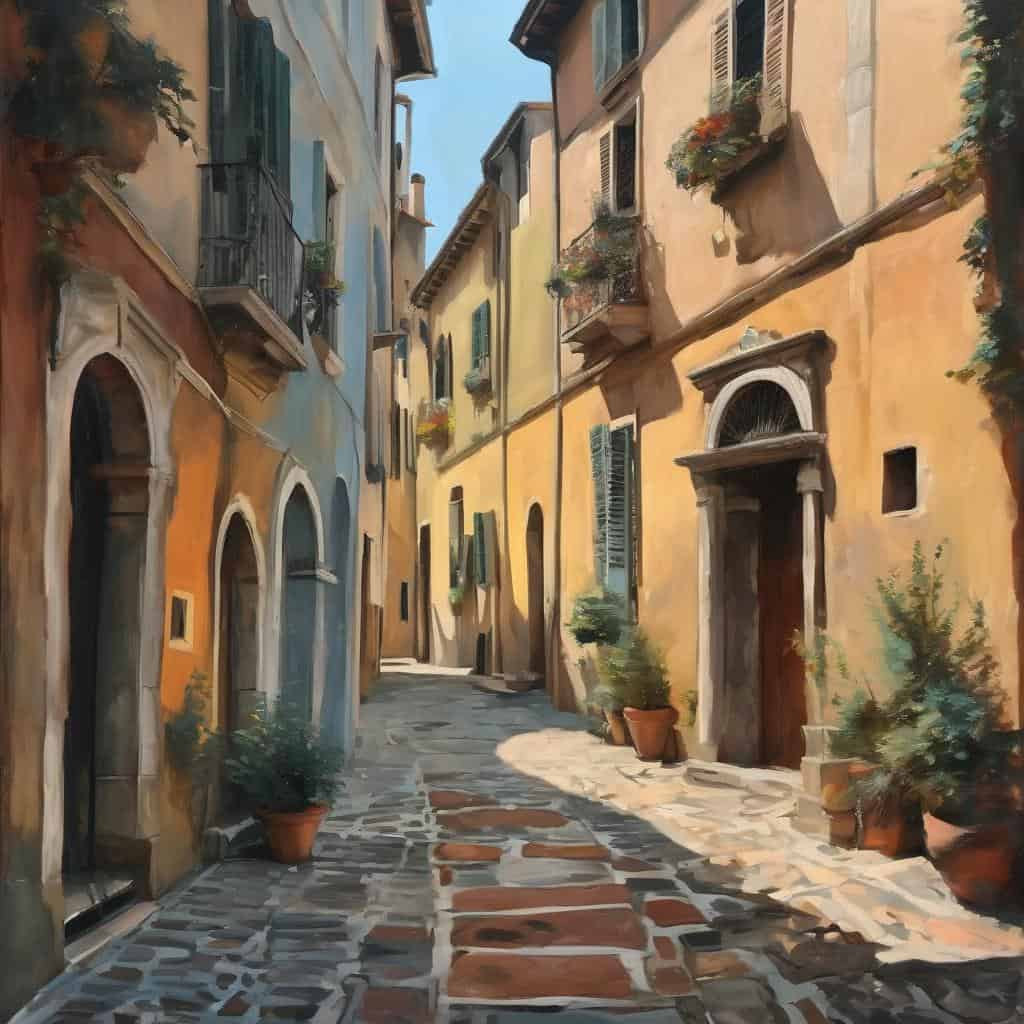 Παραδοσιακός δρόμος στο ιταλικό χωριό με πολύχρωμα κτήρια και φυτά σε γλάστρες, inspired by art history.