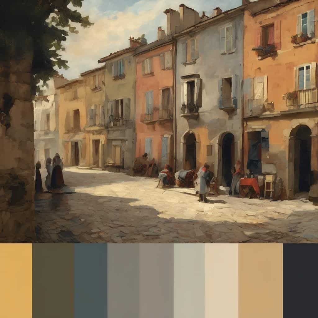 Παραδοσιακή ιταλική πόλη με πολύχρωμα κτίρια και ανθρώπους στον δρόμο, σε στυλ ζωγραφικής τοπίου.