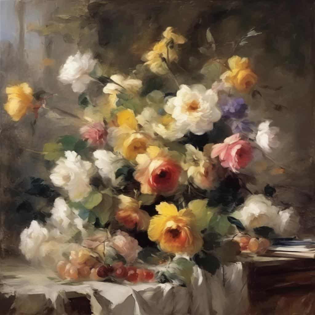 Λουλούδια σε ρεαλιστικό έργο τέχνης, ζωγραφισμένα με έμφαση στη λεπτομέρεια και τα χρώματα.